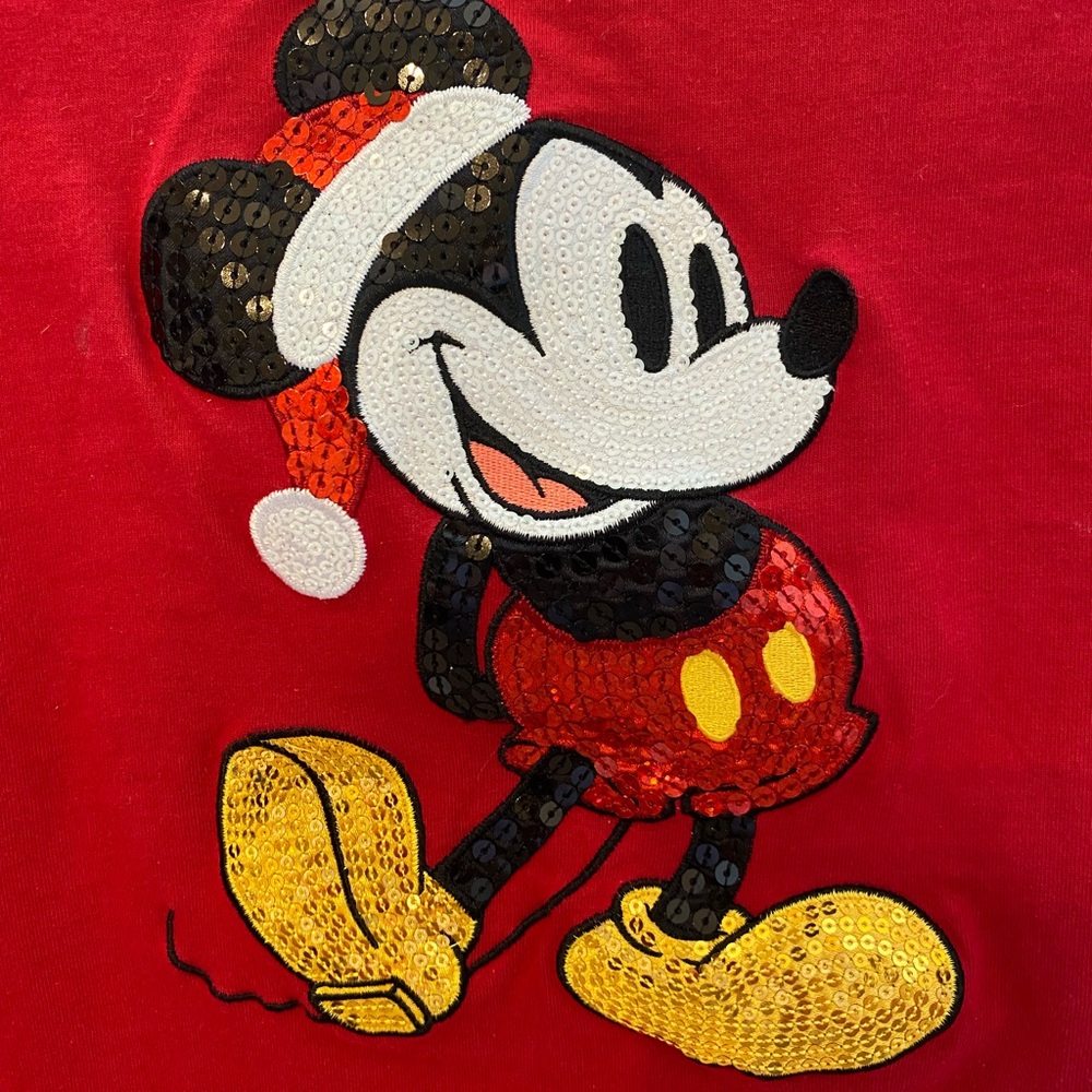 Disney Red Long Sleeve Mickey Mouse Tee Shirt Medium Sequined Christmas